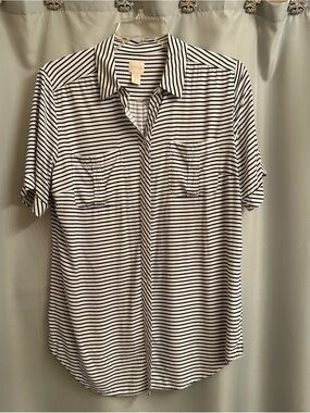 Chico's Black and White Striped Short-Sleeve Button-Down Shirt